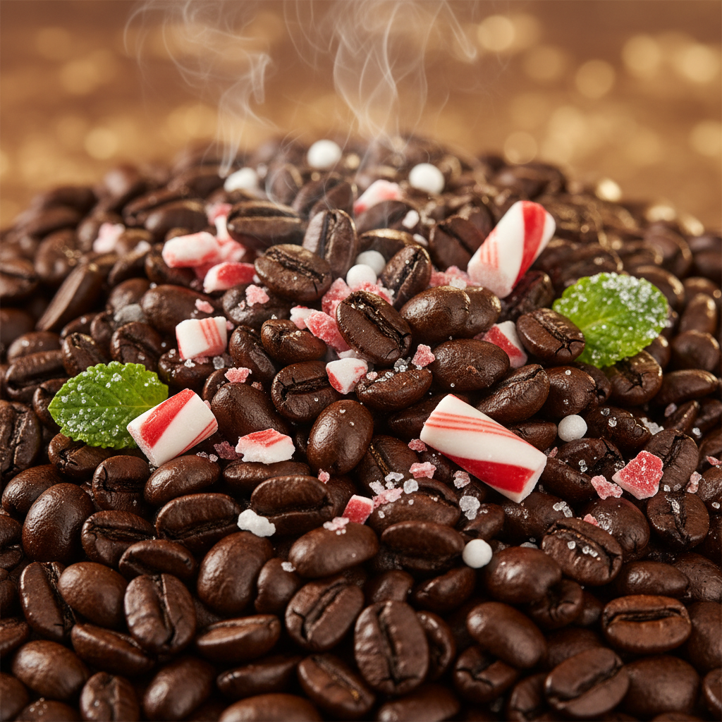 Close-up of premium Candy Cane flavored coffee beans with peppermint