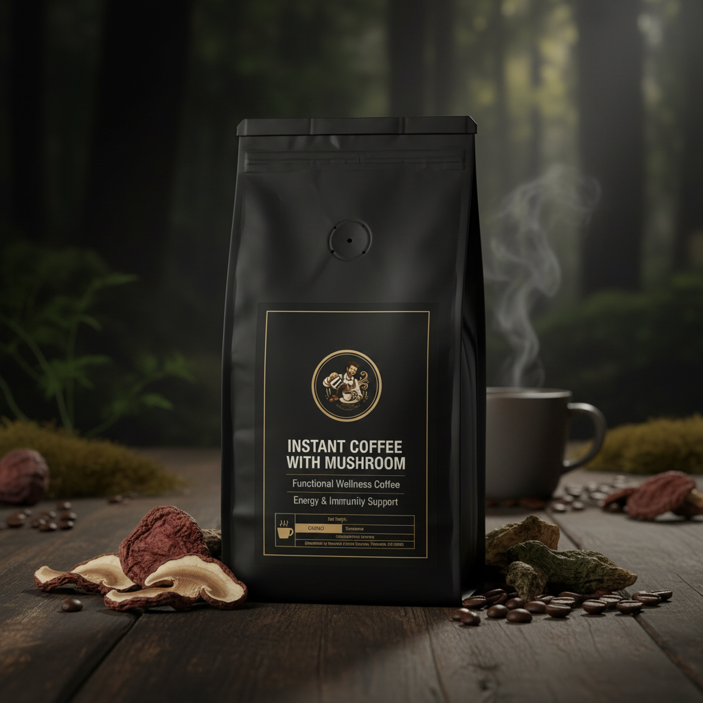 Instant Coffee with Mushroom packet with botanical mushroom elements