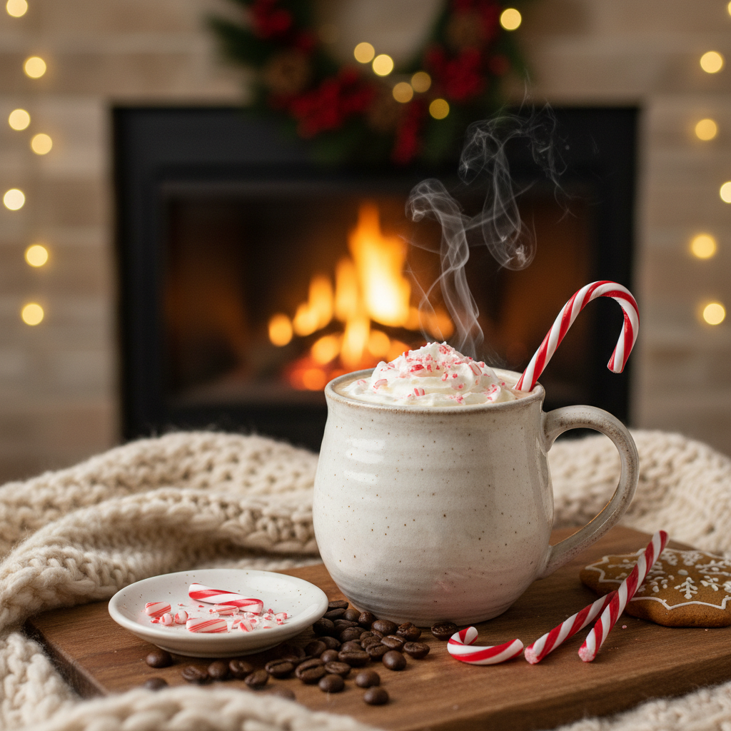 Candy Cane coffee in a mug with candy cane stirrer - holiday lifestyle