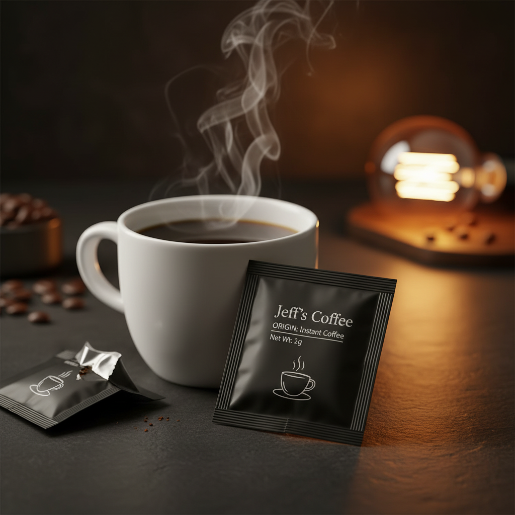 Instant Coffee pouch with steaming cup