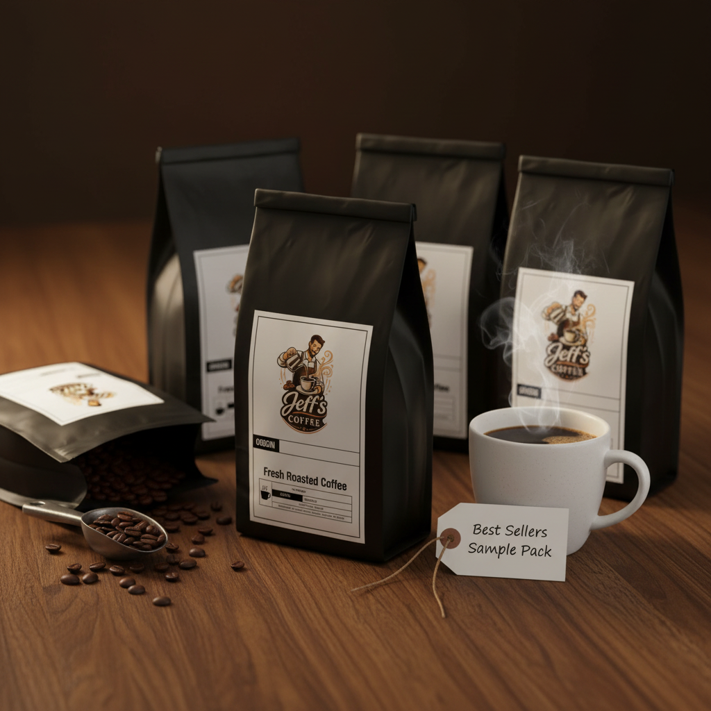 Best Sellers Sample Pack with curated coffee bags on dark wood surface