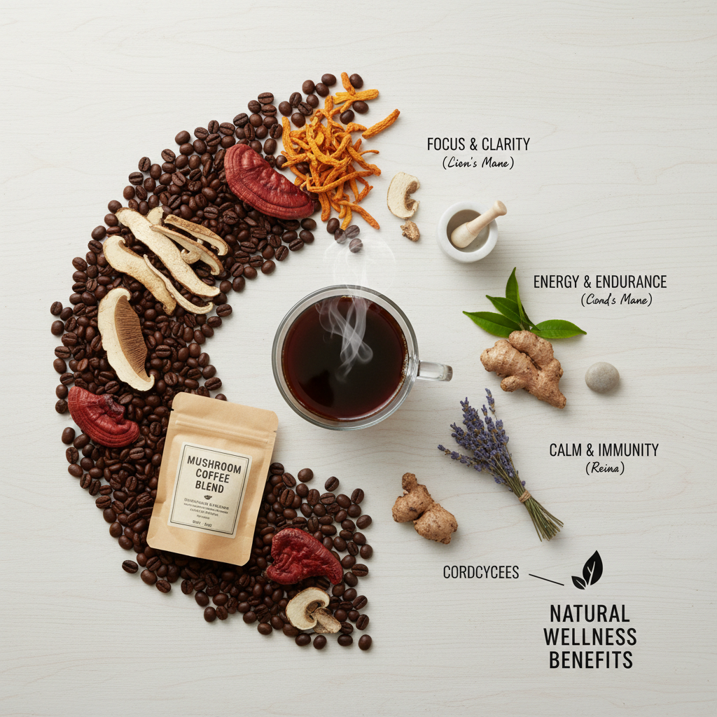 Mushroom coffee ingredients - Lion's Mane, Cordyceps, Reishi with coffee beans