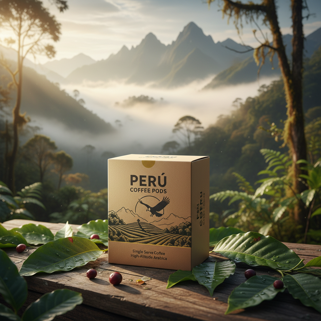 Peru Coffee Pods with misty Andean cloud forest atmosphere