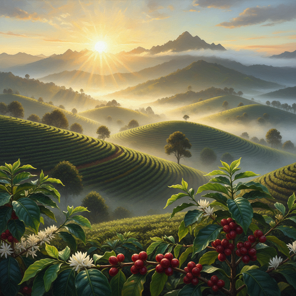 South American coffee origin - sunrise over mountain plantations