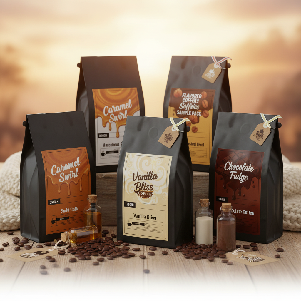 Flavored Coffees Sample Pack with colorful coffee bags and warm tones