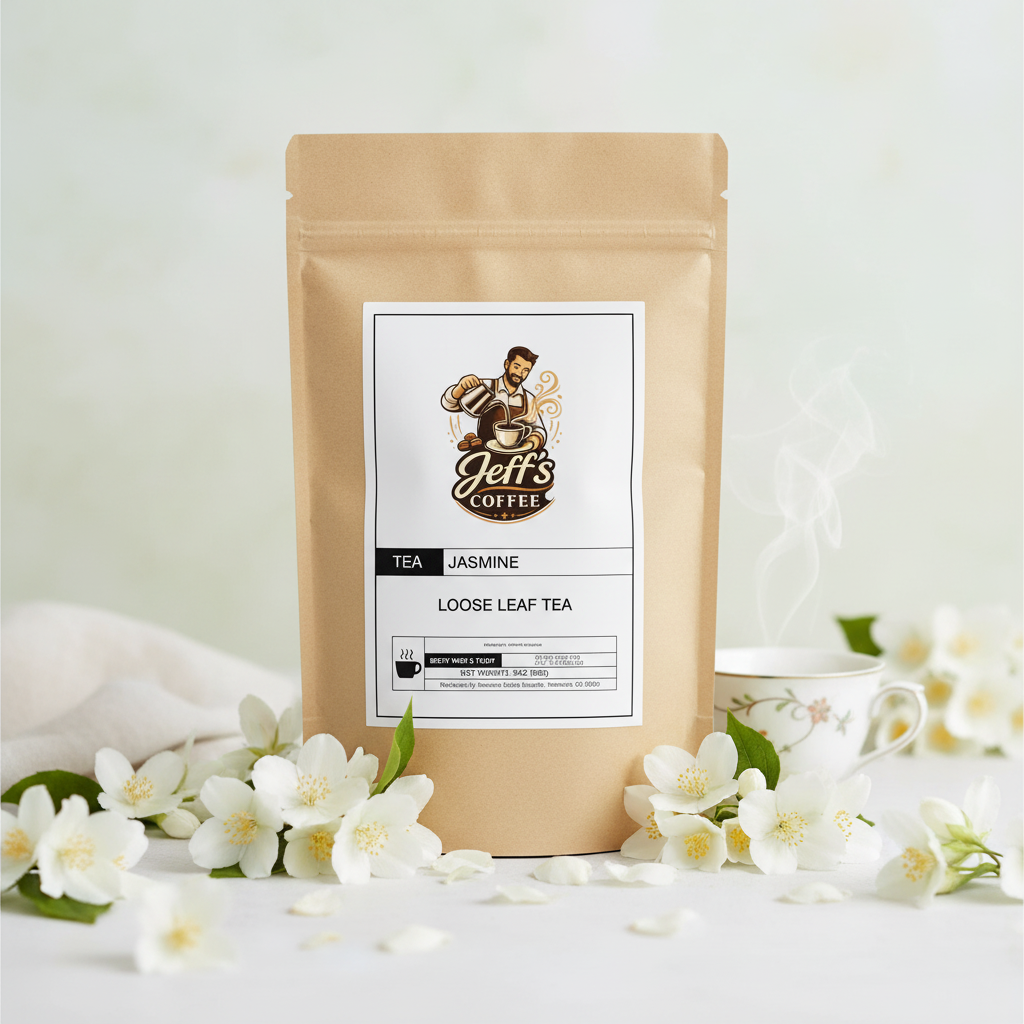 Jasmine tea with fresh jasmine blossoms and soft elegant lighting