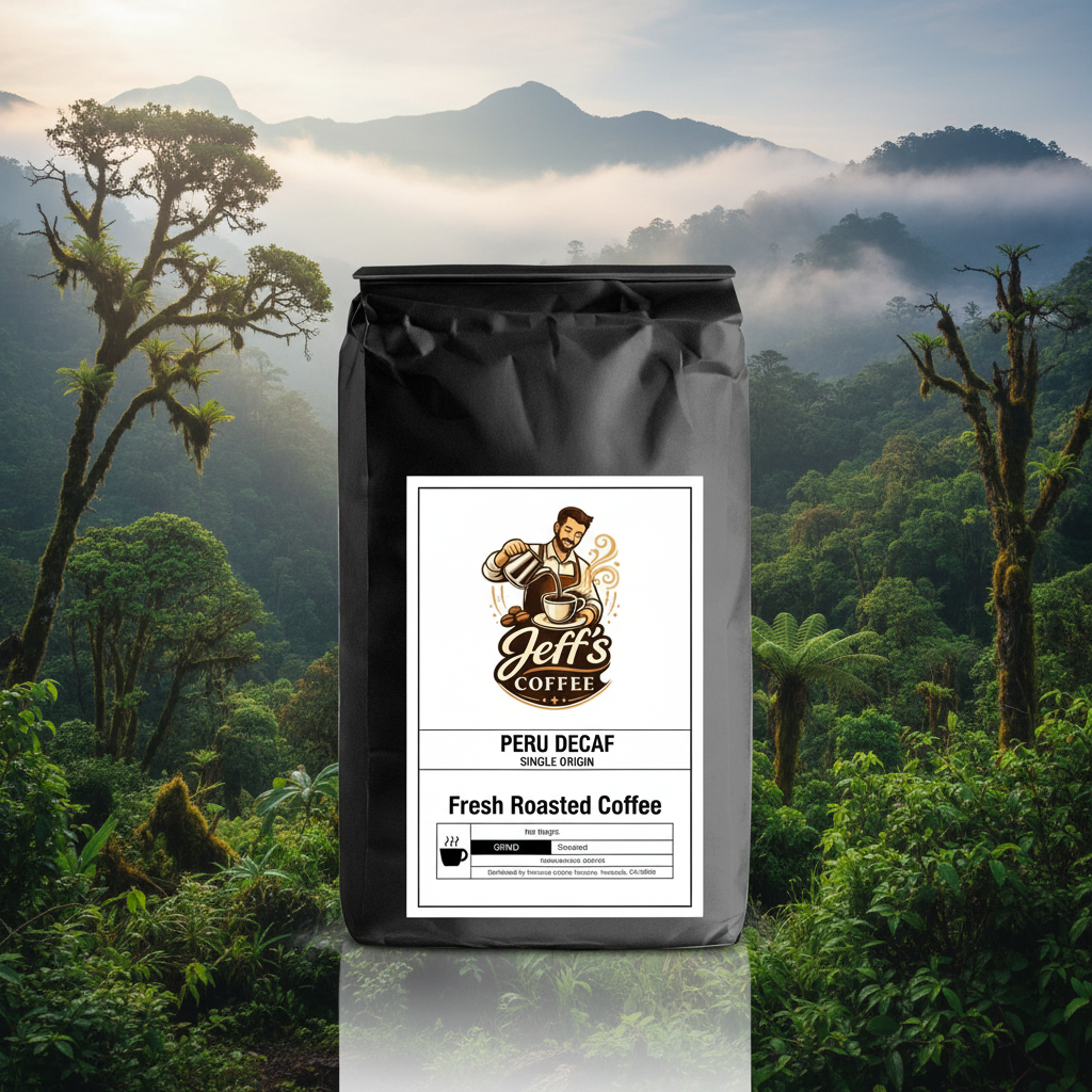 Peru Decaf coffee bag with misty Andean cloud forest atmosphere