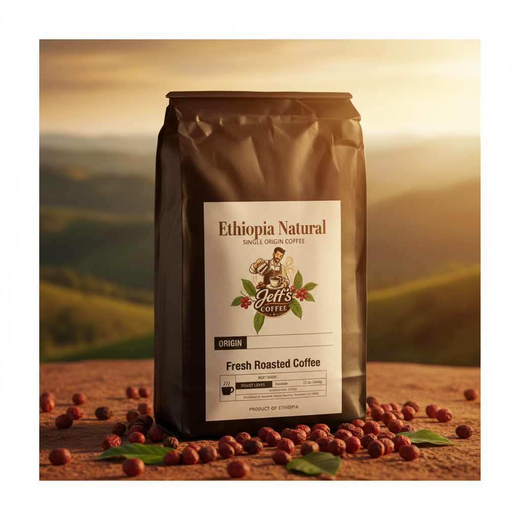Ethiopia Natural coffee bag with golden Ethiopian highland atmosphere