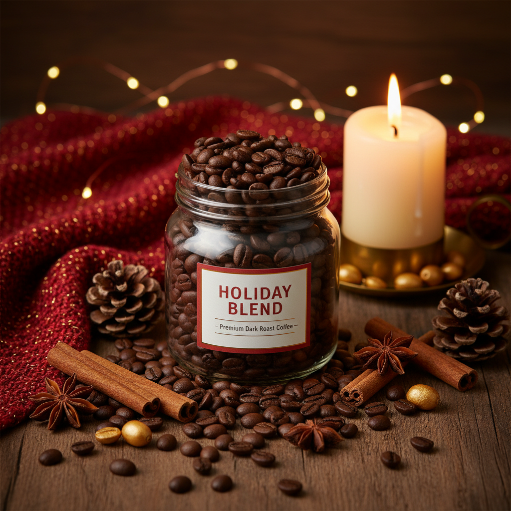 Holiday Blend coffee - warm, festive, cozy seasonal blend
