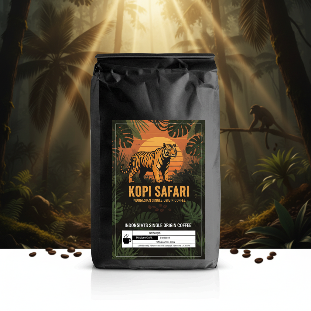 Kopi Safari coffee bag with tropical Indonesian jungle atmosphere