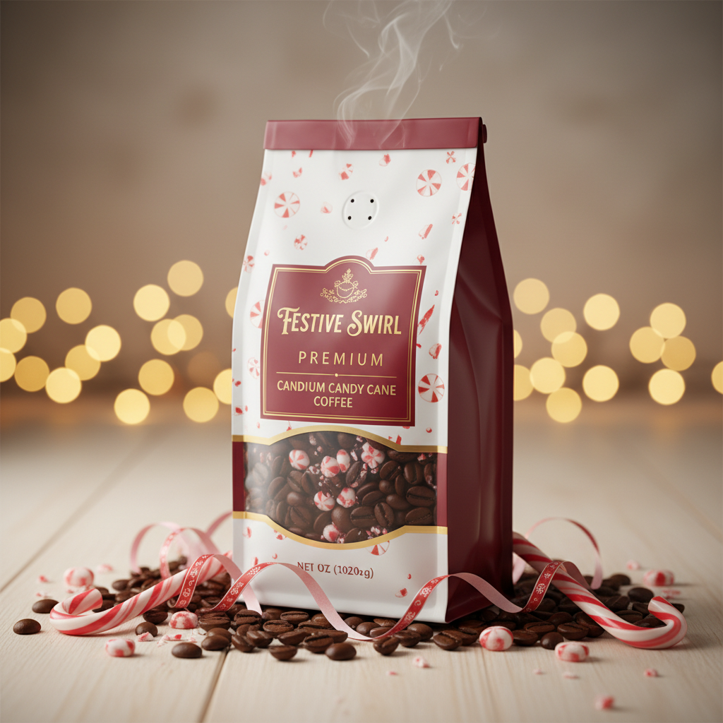 Candy Cane flavored coffee product with coffee beans and peppermint accents